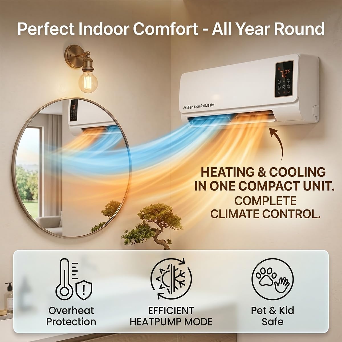 Smart Bathroom Fan - 1800W Wandgemonteerde Airconditioner, Ventilator en Verwarming